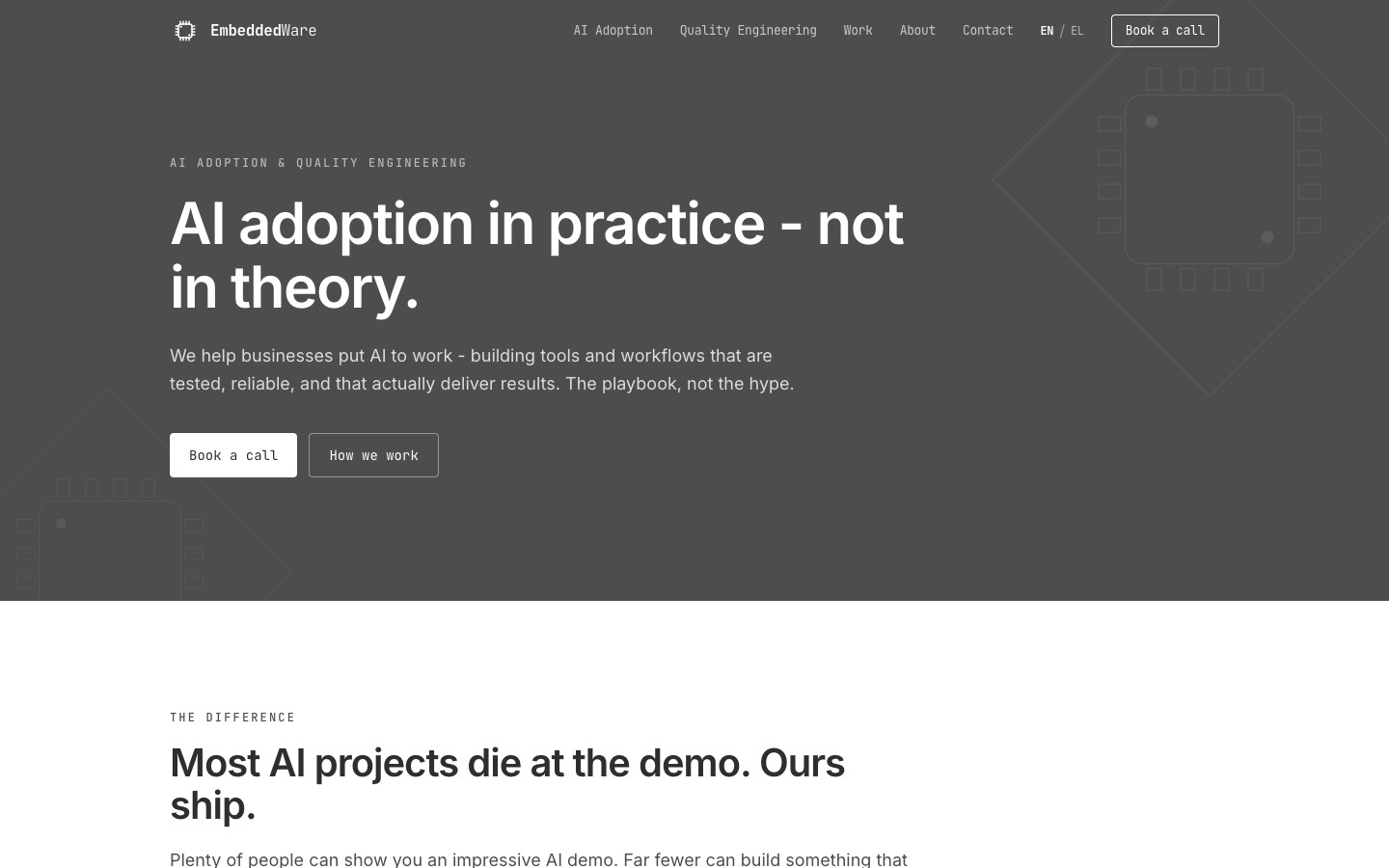 EmbeddedWare English homepage with company navigation, AI adoption message, and buttons for the approach and selected work
