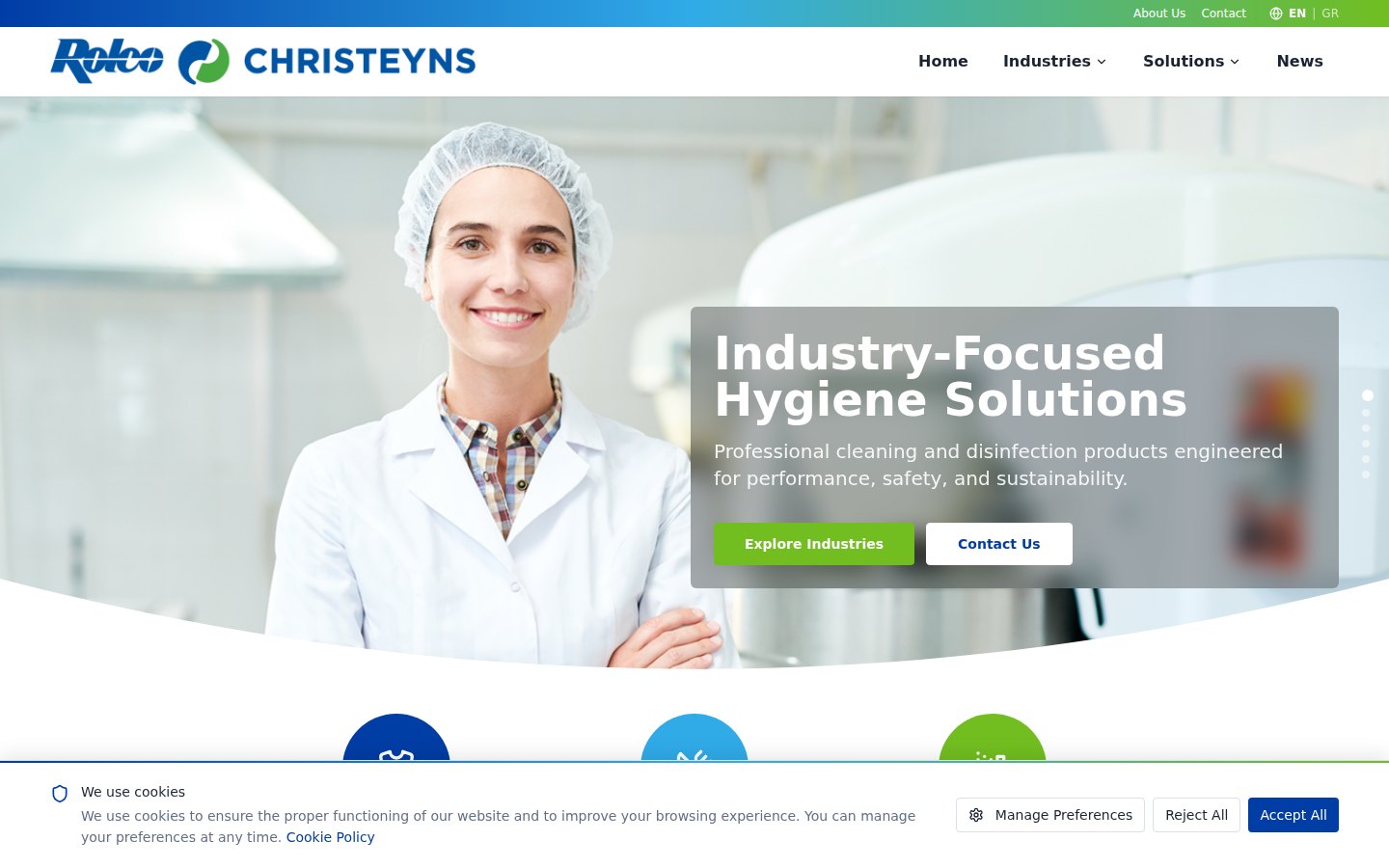 Rolco Christeyns English homepage showing corporate navigation and an industry-focused hygiene solutions hero
